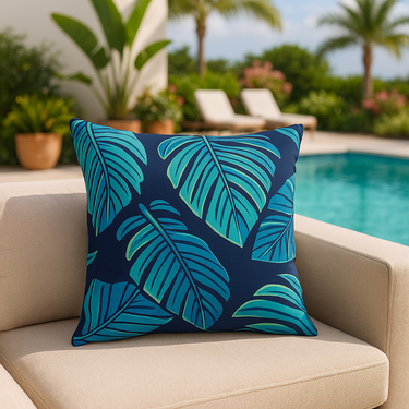 Blue leaf-patterned tropical pillow on a beige outdoor sofa with a pool and plants in the background